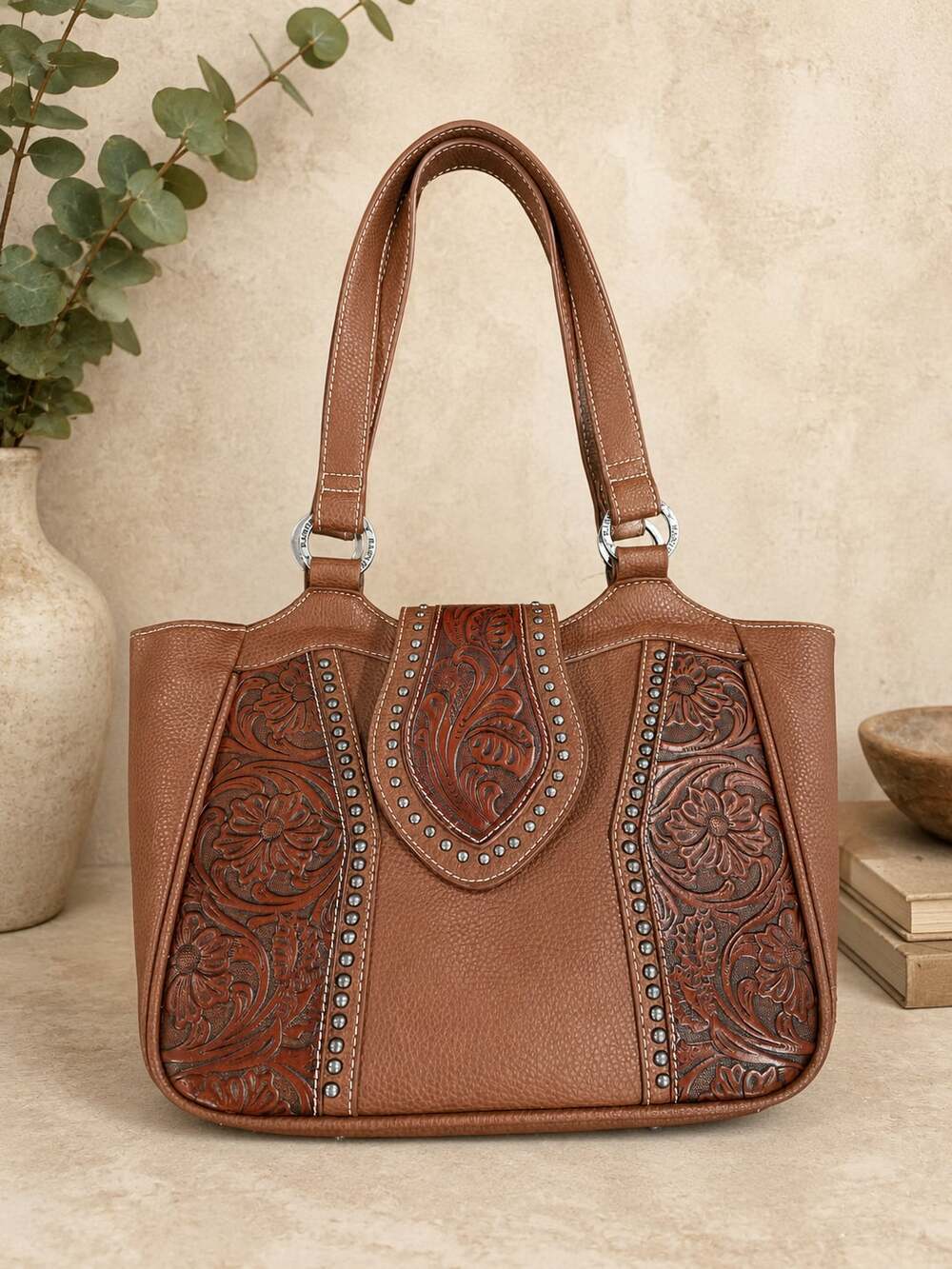 Trinity Ranch Tooled Floral Western Satchel Brown Faux Leather Studded Tote Bag